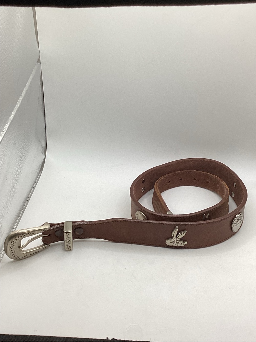 Warner Bros. Brown Leather Kids Belt with Silver Buckle and Studs